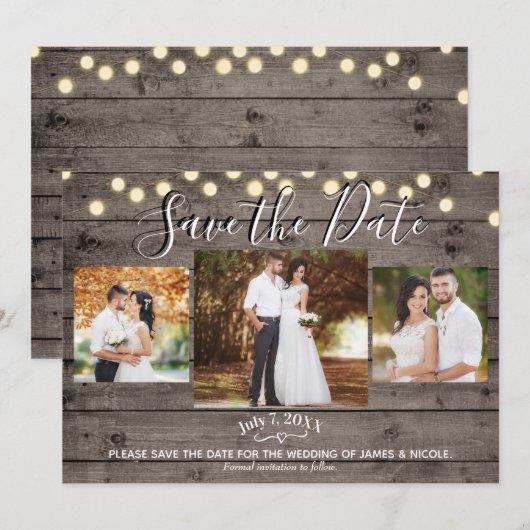 ミニマルな rustic 木材とライトの写真 Save the Date 招待状 (正面/裏面)