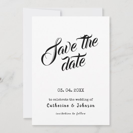 ミニマルなSAVE THE DATE  カリグラフィー テキスト 招待状 (正面)
