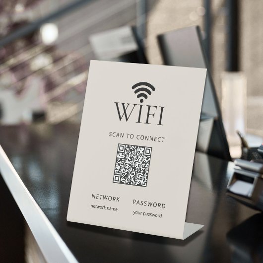 ミニマルなWiFiパスワードデスクサインQRコードベージュ 台座サイン
