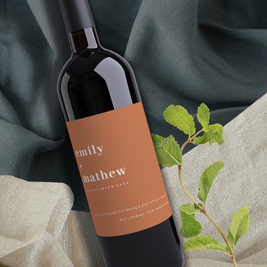ミニマルはっきりしたモダンRust Orangeタイポグラフィ結婚's ワインラベル