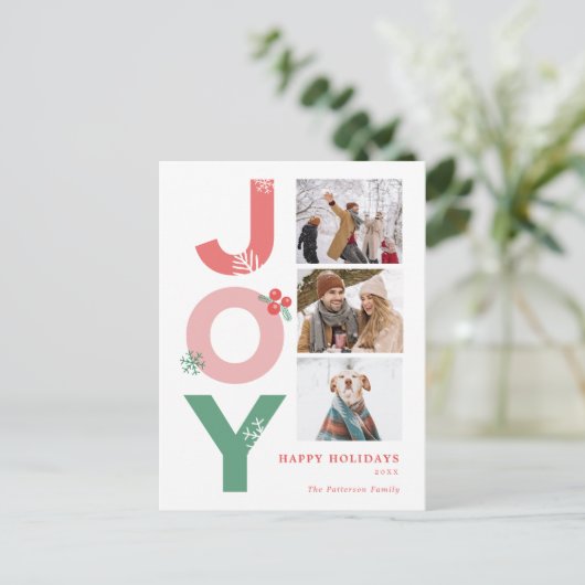 ミニマルはっきりしたリストジョイ3フォトコラージファミリー シーズンポストカード (スタンド正面)