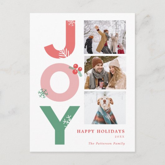 ミニマルはっきりしたリストジョイ3フォトコラージファミリー シーズンポストカード (正面)