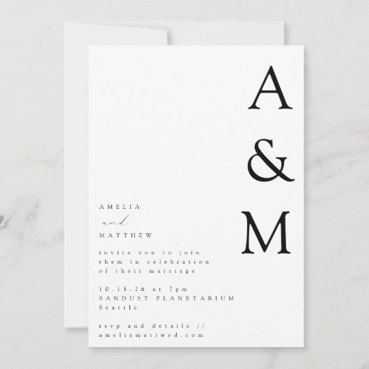 ミニマルはっきりしたリストホワイトモノグラム結婚タイポグラフィ 招待状 (正面)