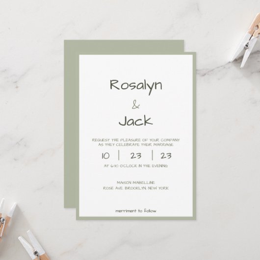 ミニマルほこりっぽいカジュアル緑の手結婚跡 招待状 (正面/裏面インサイチュ)