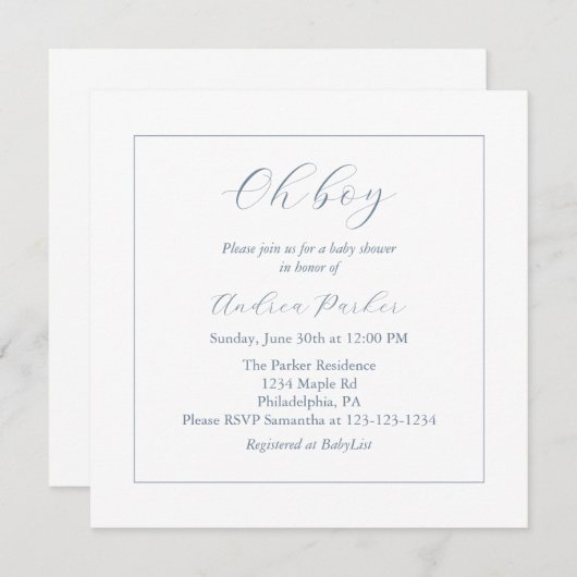 ミニマルほこりっぽい青Oh男の子の赤ちゃんシャワー 招待状 (正面/裏面)