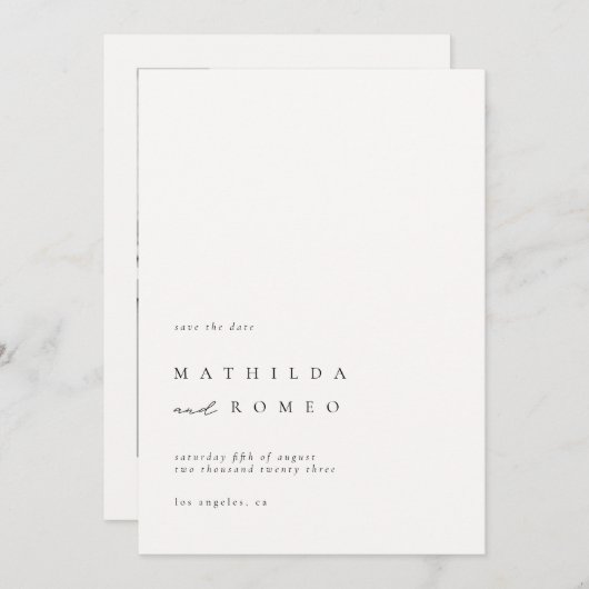 ミニマルアイボリーフォトウェディング日付を保存 招待状 (正面/裏面)