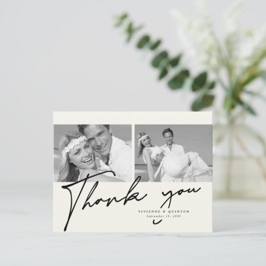 ミニマルアイボリーフレーム2結婚写真ありがとう ポストカード (スタンド正面)