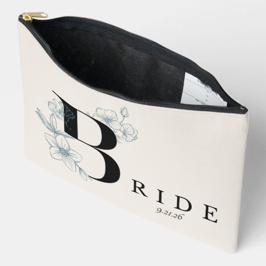 ミニマルアイボリーブラックフローラ書色花嫁 アクセサリーポーチ (見開き)