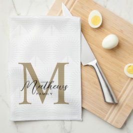ミニマルアイボリー金ゴールドアナハウ葉スクリプトモノグラム キッチンタオル