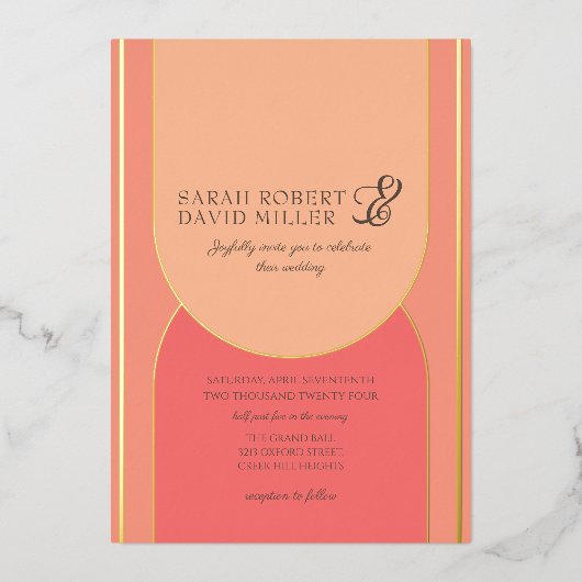 ミニマルアーチピーチはっきりしたフズ結婚ス 箔招待状 (正面)