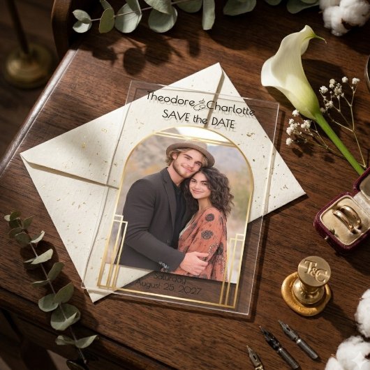 ミニマルアートデコアーチ写真ウェディングSave the Date アクリル招待状