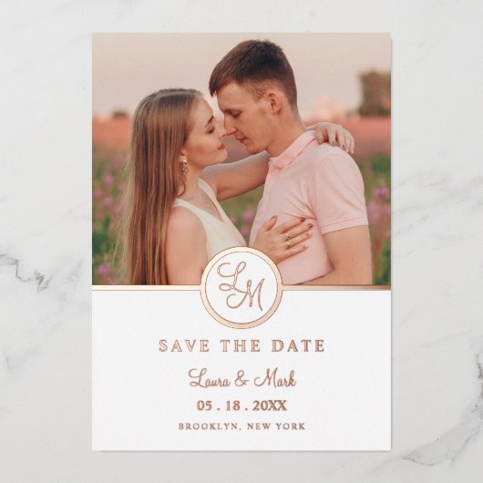 ミニマルイニシャルファンシーバラ金ゴールド結婚写真 箔招待状 (正面)