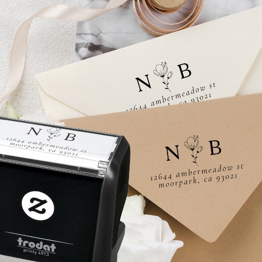 ミニマルイニシャルフローラカップル差出人住所 セルフインキングスタンプ