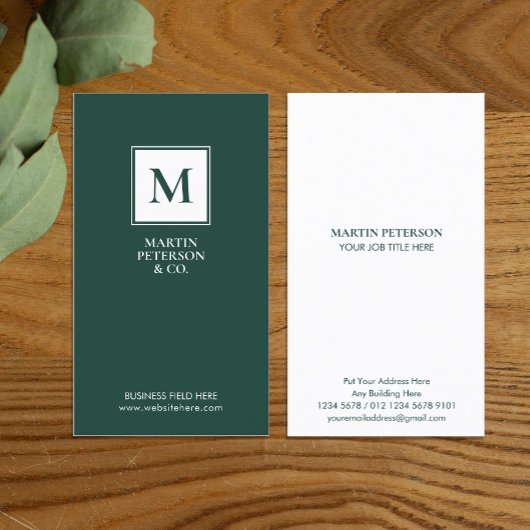 ミニマルイニシャル |濃い緑の白い枠 名刺