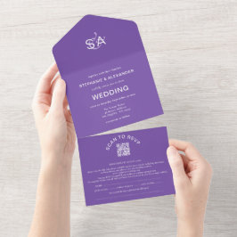 ミニマルイニシャルQRコードパープル結婚ズ オールインワン招待状