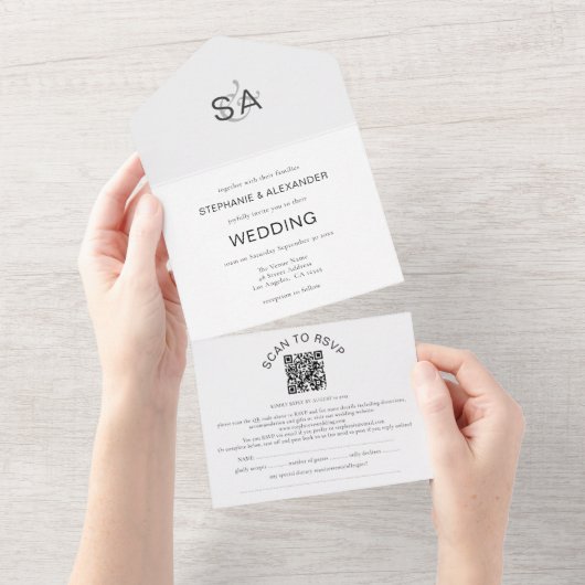 ミニマルイニシャルQRコード白黒結婚 オールインワン招待状 (貼ってはがせる)