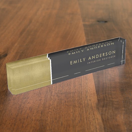 ミニマルエレガントはっきりしたフェイク金ゴールド黒ストリップ デスクネームプレート (側面)