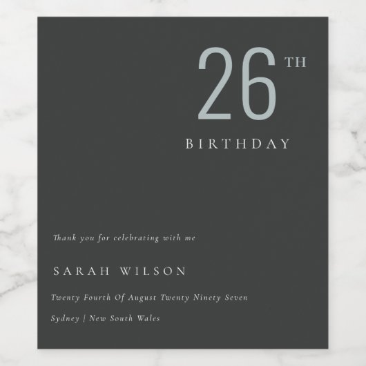 ミニマルエレガントはっきりした黒ブルーエイジ誕生日 ワインラベル (シングルラベル)