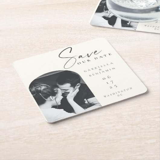 ミニマルエレガントアイボリーブラック写真日付を保存 スクエアペーパーコースター (アングル)