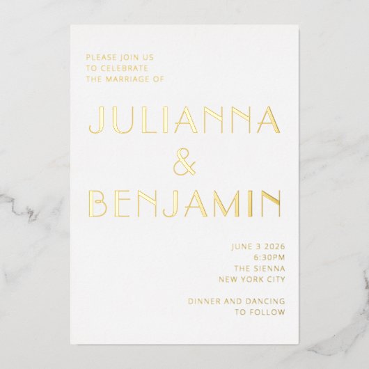 ミニマルエレガントアールデコシック結婚ズ金ゴールド 箔招待状 (正面)