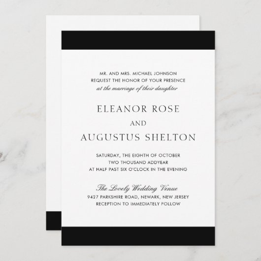 ミニマルエレガントクラシックモダン結婚白黒 招待状 (正面/裏面)