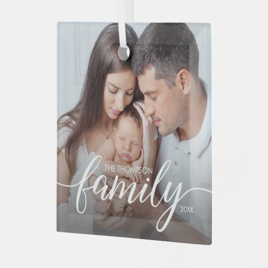 ミニマルエレガントシンプル家族の愛クリスマス写真 ガラスオーナメント (正面左)