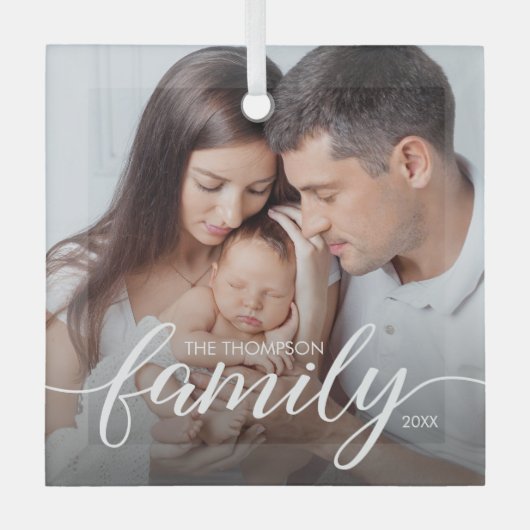 ミニマルエレガントシンプル家族の愛クリスマス写真 ガラスオーナメント (正面)