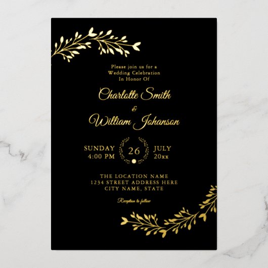 ミニマルエレガントスシンプルブラック金ゴールドフローラ 箔招待状 (正面)