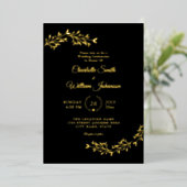 ミニマルエレガントスシンプルブラック金ゴールドフローラ 箔招待状 (立ち正面)