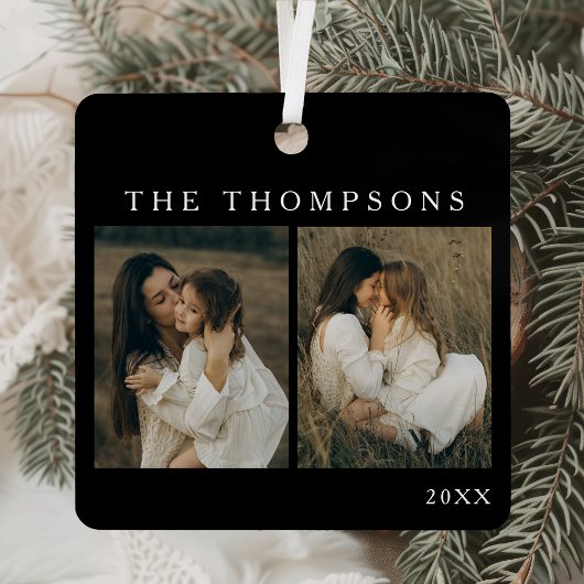 ミニマルエレガントスシンプル4フォトブラッククリスマス メタルオーナメント