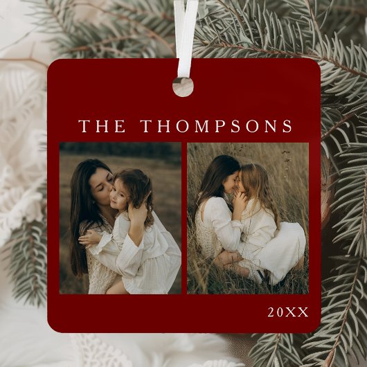 ミニマルエレガントスシンプル4フォトレッドクリスマス メタルオーナメント