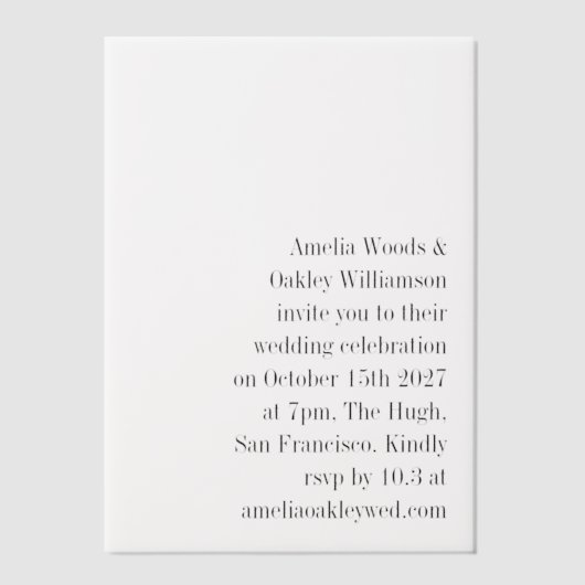 ミニマルエレガントススタイリッシュモダン結婚ホワイト ベラム紙招待状 (正面)