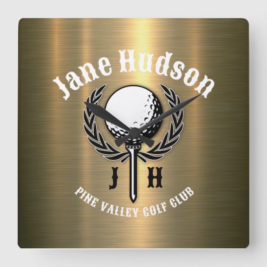 ミニマルエレガントスブラシ金ゴールドゴルフデザイン スクエア壁時計 (正面)