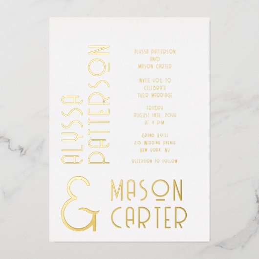 ミニマルエレガントスモダン金ゴールド結婚写真 箔招待状 (正面)