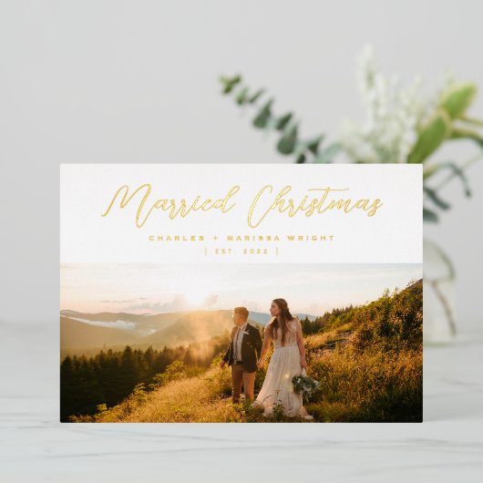 ミニマルエレガントス結婚した・クリスマス・スクリプト写真 箔シーズンカード (立ち正面)