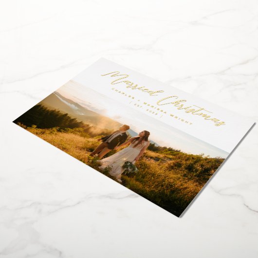 ミニマルエレガントス結婚した・クリスマス・スクリプト写真 箔シーズンカード (回転した状態)