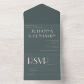 ミニマルエレガントティール(緑がかった色)と赤面アールデコ結婚の オールインワン招待状 (内側)