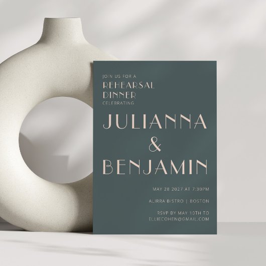 ミニマルエレガントティール(緑がかった色)と赤面リハーサルディナー 招待状