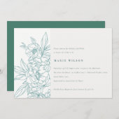 ミニマルエレガントティール（緑がかった色）フローラスケッチブライダルシャワー 招待状 (正面/裏面)