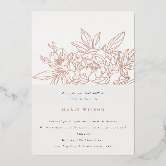 ミニマルエレガントバラフローラスケッチベイビーシャワー 箔招待状 (正面)