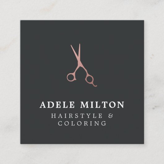 ミニマルエレガントバラ金ゴールドはさみ美容師 スクエア名刺 (正面)