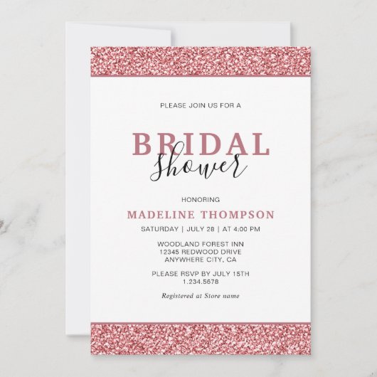 ミニマルエレガントバラ金ゴールドグリッターブライダルシャワー 招待状 (正面)