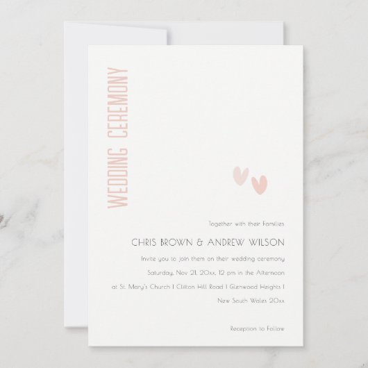 ミニマルエレガントパステル ダスキー ピンク ハーツ ウェディング 招待状 (正面)