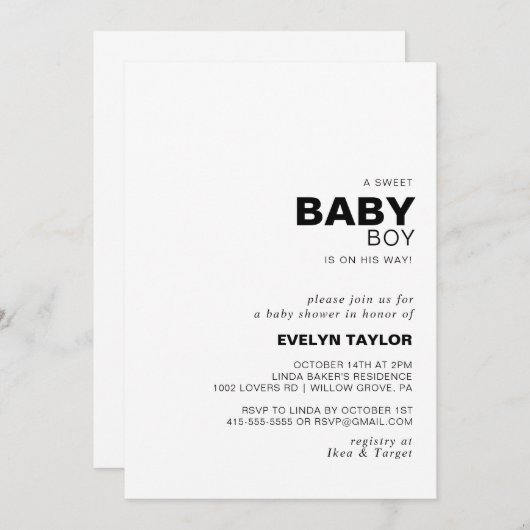 ミニマルエレガントフォーマル男の赤ちゃん 招待状 (正面/裏面)