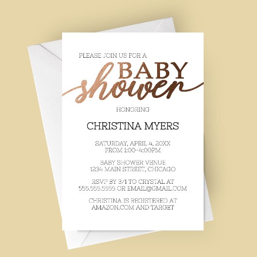 ミニマルエレガントブロンズ赤ちゃんシャワー招待状 招待状