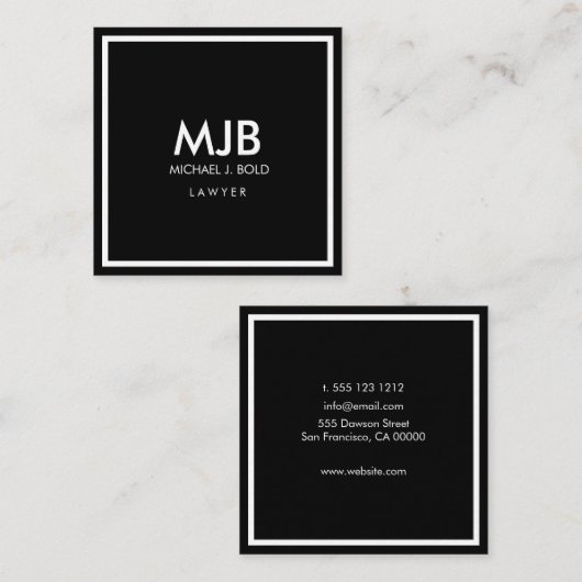 ミニマルエレガントプロフェッショナル白黒 スクエア名刺 (正面/裏面)