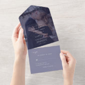 ミニマルエレガントム写真ネイビー結婚ホワイト オールインワン招待状 (貼ってはがせる)