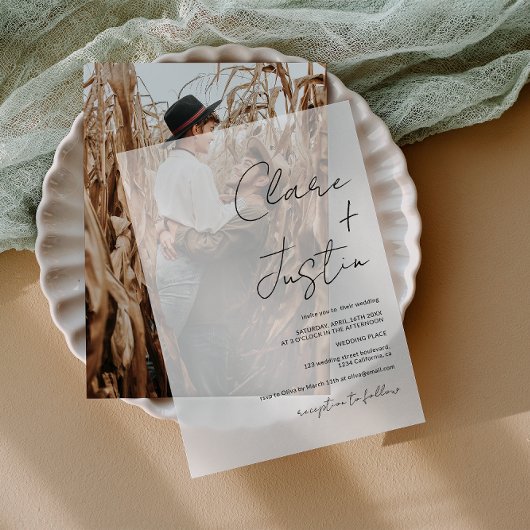 ミニマルエレガントモダンの黒結婚画 ベラム紙招待状