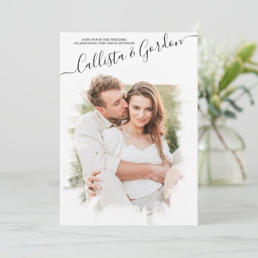 ミニマルエレガントリストのスクリプト形式のフォトコラージュ結婚の 招待状 (スタンド正面)