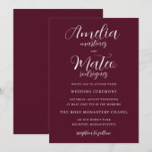 ミニマルエレガントリストのスクリプ結婚トBurgundy 招待状 (正面/裏面)